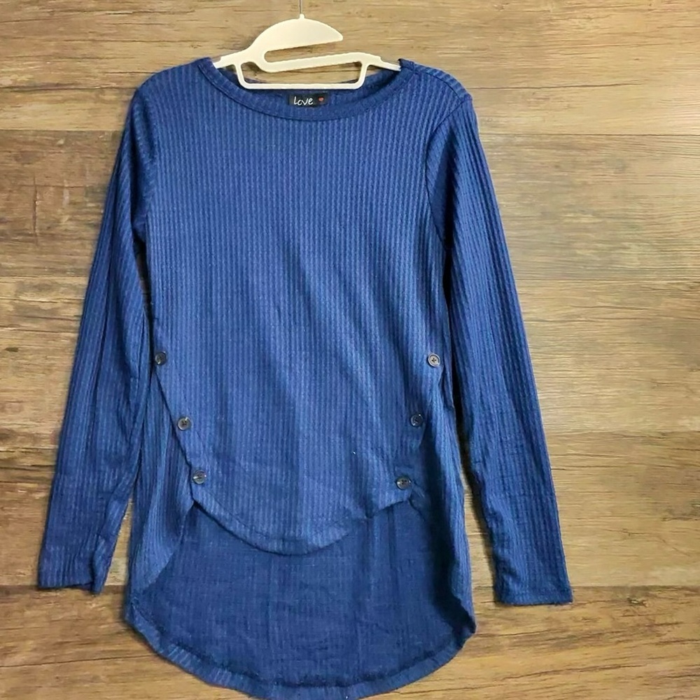 Love Ribbed Blue Long Sleeve Top with Button Detail